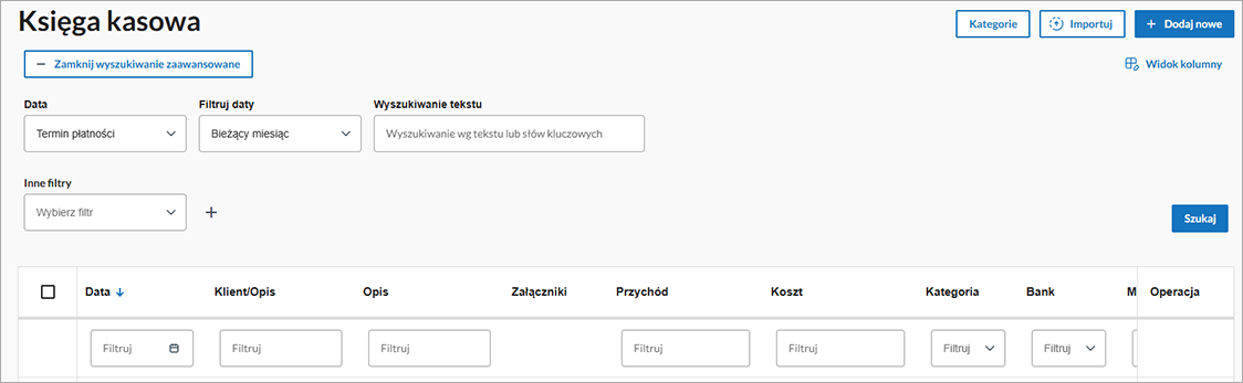 Ekran filtrowania faktur po dacie dokumentu